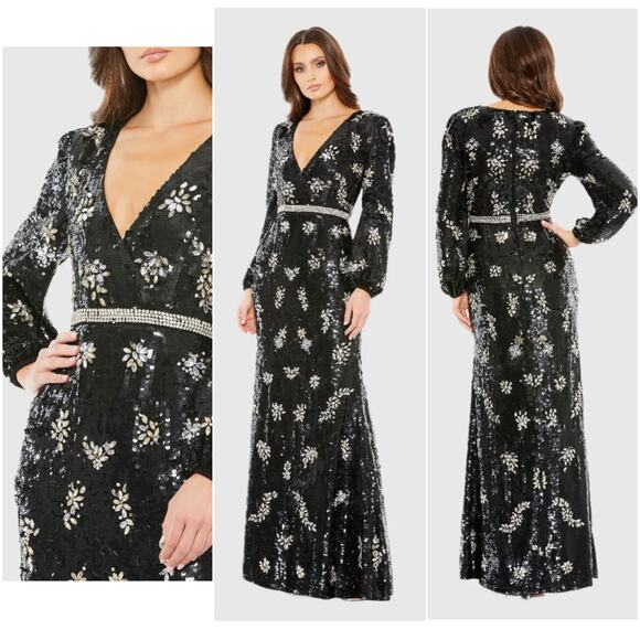 Mac Duggal Embellished Wrap Over Bishop Sleeve Gown maxi Dress size 6 C7 - Picture 1 of 10